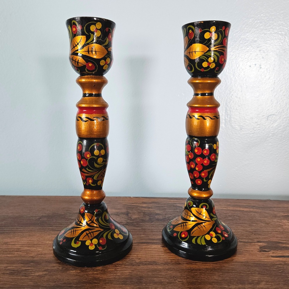 Vtg Russian Khokhloma Hand Painted Wood Candle Holders Sticks Set 2 Black Gold